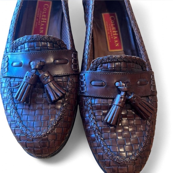 Vintage Cole Haan Brown Flats with Woven Leather and Tassels Size 8.5 - Picture 1 of 5